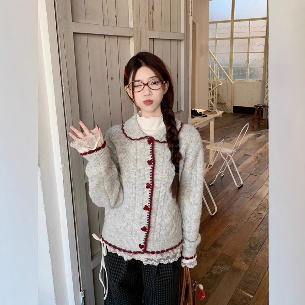 학원풍 인형칼라 하트단추 꼰대니트 가디건 여성 가을겨울 신상